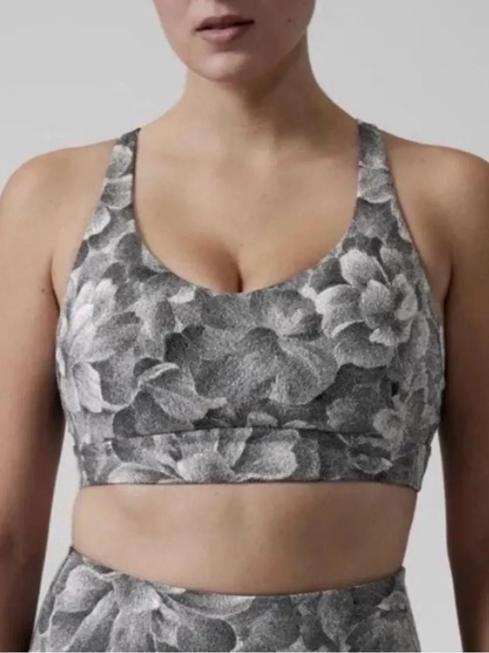 Athleta Solace Strappy Sports Bra in Cloudy Grey Floral